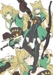  1girl animal_ears atalanta_(fate) black_gloves black_skirt black_thighhighs blonde_hair blush bow_(weapon) braid breasts cat_ears cat_tail cleavage closed_eyes dress fate/apocrypha fate_(series) french_braid full_body gloves gradient_hair green_dress green_eyes green_hair layered_skirt long_hair looking_at_viewer lying medium_breasts multicolored_hair multiple_views on_back open_mouth puffy_short_sleeves puffy_sleeves running shiseki_hirame short_sleeves skirt tail thighhighs weapon 