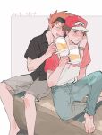  2boys alcohol barefoot beer blue_oak blush brown_eyes closed_eyes closed_mouth collared_shirt commentary_request cup dated drunk hat highres holding holding_cup knees male_focus multiple_boys open_mouth pants pokemon pokemon_(game) pokemon_sm raglan_sleeves red_(pokemon) red_headwear shirt short_hair short_sleeves shorts sitting spiked_hair sunglasses teeth toes tokeru upper_teeth_only 