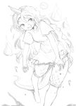  1girl barefoot commentary greyscale harusame_(unmei_no_ikasumi) horns long_hair monochrome open_mouth pointy_ears shirt short_sleeves shorts simple_background single_horn sketch smile solo symbol-only_commentary tail tenkajin_chiyari touhou white_background 