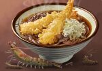  ? absurdres animal_focus bowl brown_background dated food food_focus gradient_background highres no_humans original shrimp shrimp_tempura signature soup steam tainosuke tempura 