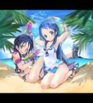  2girls adapted_costume ball barefoot beach beachball bikini black_sailor_collar blue_bikini blue_eyes blue_hair collarbone day green_eyes grin holding holding_ball holding_beachball holding_water_gun kantai_collection long_hair malino_(dream_maker) multiple_girls ocean open_mouth outdoors sailor_collar samidare_(kancolle) sandals smile suzukaze_(kancolle) swimsuit water_gun 