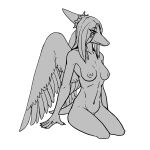  1:1 5_fingers anthro arm_support bone_frill breasts claws fang_(gvh) fangs feathered_wings feathers female finger_claws fingers frill_(anatomy) goodbye_volcano_high hair hi_res long_hair monochrome navel nipples nude pterodactylus pterosaur reptile scalie short_tail sitting small_breasts smile snoot_game_(fan_game) snout solo spiked_hairband tail teeth unknown_artist wings 