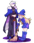  1boy 1girl 39acid animal_on_shoulder armor bandana blonde_hair blue_dress blue_eyes blue_footwear blue_theme blunt_bangs boots brick_floor broom cape dress elephant full_body hat holding holding_sword holding_weapon leaning_on_object long_hair long_sleeves madou_monogatari pauldrons planted planted_sword puyopuyo schezo_wegey short_hair shoulder_armor simple_background star_(symbol) sword weapon white_background white_hair witch_(puyopuyo) witch_hat 