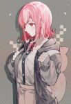  1girl animal_bag breasts cat_bag danganronpa_(series) danganronpa_2:_goodbye_despair dress_shirt flipped_hair galaga grey_background hair_ornament hands_up highres hood jacket large_breasts long_sleeves medium_hair nanami_chiaki neck_ribbon pink_eyes pink_hair ribbon rirene_rn shirt skirt solo two-tone_shirt white_shirt 