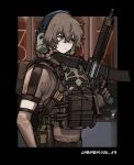  1girl alternate_costume amane_suzuha braid brown_gloves brown_hair closed_mouth cropped_torso elbow_gloves expressionless gloves green_eyes gun hair_between_eyes headphones holding holding_gun holding_weapon kuroinu9 military_uniform nixie_tube solo steins;gate twin_braids uniform weapon 