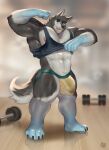  2023 abs absurd_res after_exercise anthro barazoku big_bulge big_muscles bodily_fluids bulge canid canine canis clothed clothing clothing_lift detailed_bulge dumbbell flexing full-length_portrait half-closed_eyes hi_res huzzhuz jockstrap male mammal muscular muscular_male musk musk_clouds musky_armpit musky_jockstrap narrowed_eyes pecs portrait shirt shirt_lift solo sweat topwear underwear weights wolf xylus 