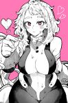  1girl absurdres blush bodysuit boku_no_hero_academia breasts closed_mouth fingernails greyscale greyscale_with_colored_background highres large_breasts looking_at_viewer monochrome pink_background pink_eyes short_hair simple_background sitting solo uraraka_ochako wet wet_hair yotsumi_shiro 