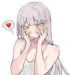  1girl absurdres bare_shoulders blush breasts brown_eyes camisole cleavage closed_mouth collarbone emoji facing_viewer grey_hair hands_on_own_cheeks hands_on_own_face heart highres long_hair looking_at_viewer looking_down mimelond original solo thinking_emoji thought_bubble upper_body white_camisole 