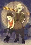  2boys alternate_costume black_hair black_shirt full_body gon_freecss green_jacket green_shorts hands_in_pockets highres hunter_x_hunter jacket jewelry killua_zoldyck long_sleeves looking_at_viewer male_child male_focus multiple_boys necklace okome_325 orange_shirt shirt short_hair shorts sitting skateboard spiked_hair white_hair 