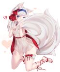  1girl absurdres animal_ear_fluff animal_ears bare_arms blue_eyes blue_hairband breasts commentary_request commission covered_mouth dress flower fox_ears fox_girl fox_tail full_body hair_ornament hair_ribbon hairband hands_up heart highres kneeling long_hair nekodama2000 original red_flower red_footwear red_ribbon red_rose ribbon rose sandals simple_background skeb_commission small_breasts solo tail white_background white_dress white_hair 