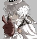  1boy braid bungou_stray_dogs coat collared_coat eyepatch gloves grey_background grey_eyes hair_between_eyes hat highres long_hair long_sleeves looking_at_viewer male_focus nikolai_gogol_(bungou_stray_dogs) nozz177 pointing pointing_at_viewer red_gloves shadow sidelocks simple_background single_braid smile solo star-shaped_pupils star_(symbol) star_in_eye symbol-shaped_pupils symbol_in_eye upper_body white_coat white_hair white_headwear 