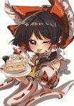  1girl absurdres bare_shoulders black_hair blush bow brown_eyes cake cake_slice detached_sleeves food fork hair_bow hair_tubes hakurei_reimu highres holding holding_fork japanese_clothes long_hair looking_at_viewer matsukuzu nontraditional_miko one_eye_closed red_bow ribbon-trimmed_sleeves ribbon_trim sidelocks simple_background solo star_(symbol) tongue tongue_out touhou upper_body white_background white_sleeves wide_sleeves 