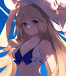  1girl ahoge artoria_caster_(fate) artoria_caster_(swimsuit)_(fate) artoria_pendragon_(fate) bare_shoulders bikini blonde_hair blue_sky blush breasts cleavage facial_mark fate/grand_order fate_(series) forehead_mark green_eyes hat highres long_hair looking_at_viewer medium_breasts sky smile solo sun_hat swimsuit twintails uxco0 very_long_hair white_bikini white_headwear 