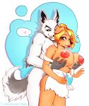 anthro apron apron_only areola bananasyrup_cat big_areola big_ears bird_dog black_body black_fur black_inner_ear black_nose black_sclera blonde_hair blue_eyes blush canid canine canis clothing cringulitta domestic_dog duo female fur golden_retriever green_eyes grope groping_breasts groping_from_behind hair hi_res hunting_dog lips male mammal nipples nude orange_body orange_fur pink_tongue red_areola red_lips red_nipples retriever romantic romantic_couple short_hair simple_background standing tongue white_body white_fur wolf 