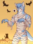  5_fingers absurd_res anthro bandage blue_body blue_fur fingers fur halloween halloween_costume hi_res holidays male multicolored_body multicolored_fur mummy_costume muscular muscular_male red_eyes simple_background solo tsundora13 tsundora4 two_tone_body two_tone_fur 