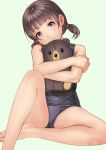  1girl barefoot black_eyes blue_one-piece_swimsuit grey_eyes head_tilt highres hugging_doll hugging_object katupozi low_twintails one-piece_swimsuit original school_swimsuit short_hair simple_background sitting solo stuffed_animal stuffed_toy swimsuit teddy_bear twintails white_background 