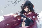  1girl abyss_soul_lotus akinomiya_asuka black_gloves black_hair breasts cape closed_mouth commentary_request elbow_gloves gloves gradient_hair long_hair medium_breasts multicolored_hair orange_hair original outdoors red_cape red_eyes shokushin_seira smile snowflakes snowing solo touhou 