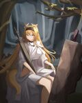  1girl animal_ear_fluff animal_ears arknights black_hairband blonde_hair closed_mouth commentary_request dress feet_out_of_frame fox_ears fox_girl fox_tail grey_eyes hair_between_eyes hairband highres horn_(arknights) juliet_sleeves long_hair long_sleeves looking_at_viewer puffy_sleeves sitting solo sword tail very_long_hair vincentime weapon white_dress wide_sleeves 