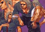 1boy adjusting_clothes adjusting_necktie bara big_nose drinking feet_out_of_frame highres hunter_x_hunter long_hair male_focus morel_mackernasey multiple_views muscular muscular_male necktie nkwtsrsk_hh partially_unbuttoned pectoral_cleavage pectorals revision shirt sunglasses topless_male towel towel_around_neck tying_hair wrinkled_skin 