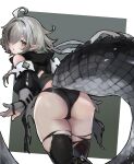  1girl arknights ass ass_focus black_panties black_thighhighs blush cowboy_shot crocodilian_tail eyes_visible_through_hair from_behind gloves green_background grey_gloves grey_hair hair_over_one_eye highres idashige_(walkietalkie) long_hair panties parted_lips partially_fingerless_gloves pointy_ears simple_background solo tail thighhighs thighs tomimi_(arknights) torn_clothes torn_thighhighs underwear yellow_eyes 