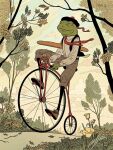  1boy baguette beret bicycle black_vest bread cloud cloudy_sky flower food frog furry hat holding holding_food kyletwebster leaf necktie no_humans original outdoors park red_necktie red_ribbon ribbon riding riding_bicycle shirt signature sky smile tall_bicycle tree vest white_shirt wind yellow_eyes yellow_flower 