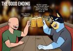  alcohol anon anthro australian_cattle_dog bandit_heeler beer beer_mug beverage bluey_(series) canid canine canis cattledog domestic_dog english_text foam furniture herding_dog human lemondude male mammal overweight overweight_male pastoral_dog table text 