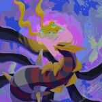  black_sclera colored_sclera commentary eye_contact giratina giratina_(origin) jirachi looking_at_another looking_down multicolored_background no_humans outstretched_arms pokemon pokemon_(creature) red_eyes sagemaru-br signature spikes symbol-only_commentary 