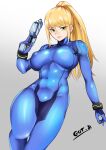  1girl abs absurdres artist_name blonde_hair blue_bodysuit bodysuit bracelet breasts covered_navel covered_nipples got_ji_(gojich1) gradient_background green_eyes grey_background gun handgun high_ponytail highres holding holding_gun holding_weapon jewelry large_breasts looking_at_viewer metroid muscular muscular_female paralyzer parted_lips samus_aran skin_tight smile solo super_smash_bros. toned weapon white_background zero_suit 