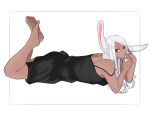  1girl :/ animal_ears bare_shoulders barefoot black_nightgown boku_no_hero_academia dark-skinned_female dark_skin feet feet_up full_body hand_on_own_face highres legs legs_up long_eyelashes long_hair looking_at_viewer lying mirko mmsb_551 nightgown off_shoulder on_stomach rabbit_ears rabbit_girl red_eyes soles solo swept_bangs the_pose toes white_hair 