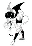  1boy absurdres ascot bent_over collared_shirt demon_boy demon_horns demon_tail demon_wings earrings full_body greyscale hand_on_own_face highres horns jewelry kageyama_shigeo kneehighs long_sleeves looking_at_viewer male_focus mob_psycho_100 monochrome otaku0220 puffy_long_sleeves puffy_sleeves shirt short_hair shorts simple_background socks solo standing stud_earrings tail twitter_username wings 