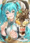  1girl aqua_eyes aqua_hair aqua_necktie banana banana_slice bare_shoulders black_sleeves chair chocolate chocolate_syrup commentary detached_sleeves facing_viewer food fruit glass grey_shirt grin hair_ornament hatsune_miku highres himukai_aoi holding holding_spoon ice_cream incoming_food long_hair mint necktie orange_(fruit) orange_slice parfait pov shirt sitting sleeveless sleeveless_shirt smile solo sparkle spoon strawberry strawberry_slice table twintails upper_body variant_set very_long_hair vocaloid wafer_stick 