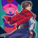 2boys black_eyes blush_stickers brown_hair cape dual_persona hand_on_own_hip hat highres japanese_clothes koenma kwsby_124 long_sleeves looking_at_viewer looking_back male_focus multiple_boys pacifier purple_headwear red_cape short_hair upper_body yu_yu_hakusho 