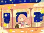  1girl animal black_cat blue_eyes blush cat long_hair long_sleeves night night_sky oniheya_53 open_mouth original painting_(medium) pink_hair school_uniform serafuku sky solo traditional_media train upper_body watercolor_(medium) window 