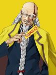  1boy bald balding beard black_suit bow bowtie braid braided_beard coat facial_hair fate/grand_order fate_(series) formal glasses grey_hair highres long_beard long_hair looking_at_viewer male_focus multiple_braids old old_man pedal15aj red_bow red_bowtie scar scar_on_face simple_background smile straight-on suit upper_body very_long_beard wrinkled_skin yellow_background yellow_coat zhang_jue_(fate) 
