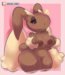  3_fingers absurd_res anthro areola arm_tuft big_breasts black_sclera blush breasts brown_areola brown_body brown_fur brown_nipples cleavage clothed clothing digital_media_(artwork) ear_tuft eyebrows eyelashes female fingers fur generation_4_pokemon genitals hi_res lagomorph lopunny mammal midriff nintendo nipples nude onigiri_punch open_mouth patreon patreon_logo pink_eyes pink_nose pokemon pokemon_(species) pussy simple_background solo tail thick_thighs tuft wide_hips wrist_tuft 