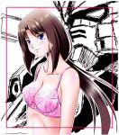  1girl after_war_gundam_x blue_eyes blunt_bangs border bra breasts brown_hair collarbone gundam gundam_double_x lingerie long_hair low_ponytail mecha medium_breasts mobile_suit monochrome_background pink_bra red_border robot sentape shiny_skin sidelocks tiffa_adill underwear underwear_only upper_body 