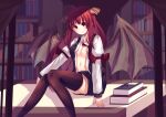  1girl absurdres bat_wings black_skirt black_thighhighs black_vest book book_stack bookshelf breasts feet_out_of_frame head_wings highres indoors juliet_sleeves knees_together_feet_apart koakuma library long_hair long_sleeves medium_breasts necktie open_clothes open_shirt penglai_tea puffy_sleeves red_eyes red_hair red_necktie shadow skirt skirt_set smile solo thighhighs touhou undone_necktie very_long_hair vest wing_collar wings 