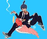  2boys angel angel_devil_(chainsaw_man) angel_wings artist_name black_hair black_jacket black_necktie black_pants blue_background blue_eyes blush brown_hair chainsaw_man cigarette collared_shirt croissant earrings feeding food food_in_mouth formal halo hayakawa_aki holding holding_cigarette implied_yaoi invisible_chair invisible_floor jacket jewelry long_hair looking_at_another looking_up lying multiple_boys necktie on_back osulan outline pants shirt shirt_tucked_in short_hair simple_background sitting smoke stud_earrings suit suit_jacket topknot white_outline white_shirt white_wings wings 