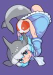  1girl ball blue_eyes blue_hair cetacean_tail common_bottlenose_dolphin_(kemono_friends) dolphin_girl dress fins fish_tail grey_hair head_fins highres kemono_friends looking_at_viewer multicolored_hair necktie purple_background rinx sailor_collar sailor_dress short_hair simple_background smile solo tail two-tone_hair 