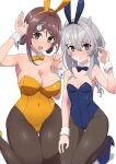  2girls alternate_costume animal_ears bare_shoulders blue_eyes blush braid breasts brown_hair chougei_(kancolle) cleavage comala_(komma_la) fake_animal_ears grey_hair hair_ornament hairband hairclip highres i-201_(kancolle) kantai_collection large_breasts leotard long_hair looking_at_viewer multiple_girls nape_braid open_mouth playboy_bunny rabbit_ears wrist_cuffs 