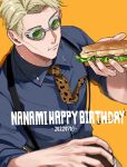 1boy 2022 animal_print blonde_hair blue_shirt bread character_name cheese collared_shirt dated eating food goggles happy_birthday highres holding holding_food jujutsu_kaisen leopard_print lettuce looking_at_viewer male_focus nanami_kento necktie necktie_in_pocket sano_maru shirt short_hair solo suspenders watch wristwatch yellow_necktie 