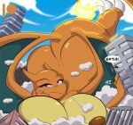  2022 anthro ass_up breasts breath building building_destruction chari-gal charizard female fire flaming_tail generation_1_pokemon looking_at_viewer lying macro mastergodai narrowed_eyes nintendo nipples on_front orange_body outside pokemon pokemon_(species) purple_eyes raised_foot spread_wings tail wings 
