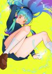  1girl absurdres blue_eyes blue_hair blue_serafuku blue_skirt cone_horns electricity from_below highres horns itou_kazuki long_hair lum midair oni oni_horns orange_eyes panties school_uniform serafuku skirt solo underwear urusei_yatsura yellow_horns yellow_panties 