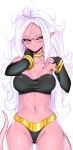  1girl absurdres android_21 ass_visible_through_thighs bandeau bangle black_bandeau black_nails black_panties black_sclera black_sleeves bracelet breasts cameltoe collarbone colored_sclera colored_skin commentary cowboy_shot detached_sleeves dragon_ball dragon_ball_fighterz english_commentary fir3born glasses gold_bracelet gold_trim groin hand_on_own_neck hands_up highres jewelry large_breasts long_hair long_sleeves looking_at_viewer majin_android_21 messy_hair navel neck_ring panties parted_bangs parted_lips pink_skin pointy_ears red_eyes shiny_skin sidelocks simple_background solo standing stomach straight-on tail teeth underwear white_background white_hair 
