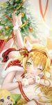  1girl ;q ahoge arm_rest barefoot blonde_hair blush breasts capelet christmas_tree feet_up fumo_(doll) fur-trimmed_capelet fur-trimmed_skirt fur_anklet fur_bracelet fur_trim green_eyes hair_between_eyes haruri highres hoshii_miki idolmaster idolmaster_(classic) idolmaster_million_live! indoors large_breasts looking_at_viewer one_eye_closed skirt soles solo toes tongue tongue_out 