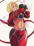  1girl ahoge alternate_color blonde_hair blue_eyes breasts cammy_white commentary_request cowboy_shot crop_top cropped_jacket fingerless_gloves gloves highres huge_ahoge looking_at_viewer midriff navel pants scar scar_on_cheek scar_on_face short_hair solo sports_bra street_fighter street_fighter_6 yoga_pants yuenibushi 
