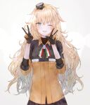  1girl ;d blonde_hair blush cardigan double_v girls&#039;_frontline gloves green_eyes hair_between_eyes hair_ornament hairband highres italian_flag italian_flag_print long_hair looking_at_viewer majima_(j_dz1q) messy_hair one_eye_closed open_mouth orange_cardigan orange_hairband pleated_skirt print_ribbon ribbon s.a.t.8_(girls&#039;_frontline) skirt sleeves_rolled_up smile solo v very_long_hair 