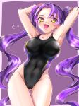  1girl absurdres armpits arms_behind_head black_one-piece_swimsuit cameltoe competition_swimsuit covered_navel fangs haruchan_koharu highleg highleg_swimsuit highres long_hair long_sleeves mesugaki mole mole_under_eye one-piece_swimsuit open_mouth original presenting_armpit purple_hair smile solo swimsuit translation_request twintails two-tone_swimsuit 