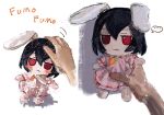  ... 1girl 1other :3 animal_ears b_nosk101 black_hair blush_stickers carrot_necklace closed_mouth dress fumo_(doll) headpat highres inaba_tewi jewelry multiple_views necklace pink_dress rabbit_ears red_eyes short_hair short_sleeves solo_focus spoken_ellipsis touhou 