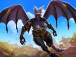  anthro armor big_breasts blizzard_entertainment breasts claws cleavage clothed clothing dracthyr dragon female flying fully_clothed horn lipstick makeup mature_female membrane_(anatomy) membranous_wings np4tch scalie solo tail thick_thighs warcraft western_dragon wings 